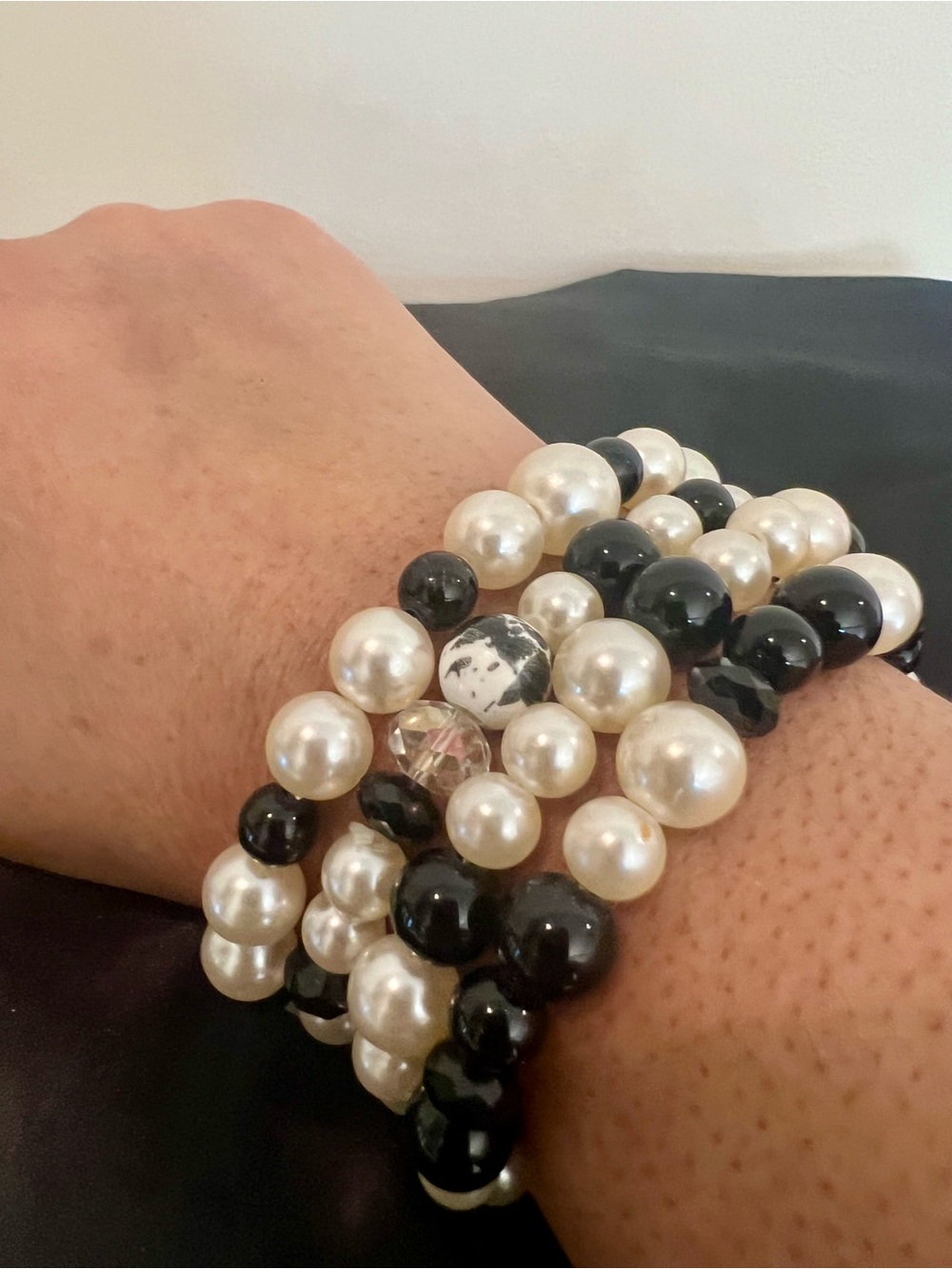 Classic Black and White Pearl Stretch Bracelet Set - Women Jewelry